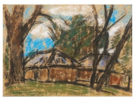 304. tétel, Nagy István  Csíkmindszent, 1873 - Baja, 1937  Házak  Pasztell, papír  340 × 490 mm   Jelezve jobbra lent:  Nagy István