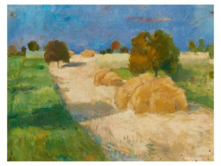 302. tétel, Iványi Grünwald Béla  Somogysom, 1867 - Budapest, 1940  Szénakazlak  Olaj, vászon  60 × 80 cm  Jelezve jobbra lent:  Iványi Grünwald B.