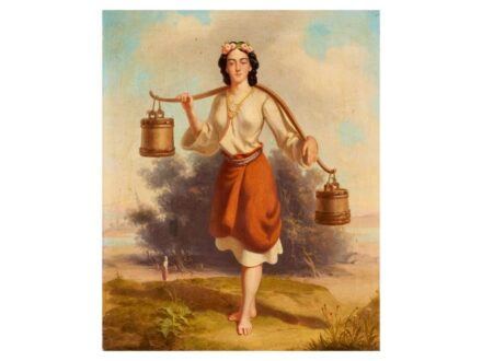 290. tétel, Laccataris Demeter  Bécs, 1798 - Pest, 1864  Vízhordó lány  Olaj, vászon  74 × 59 cm  Jelezve balra lent:  Laccataris