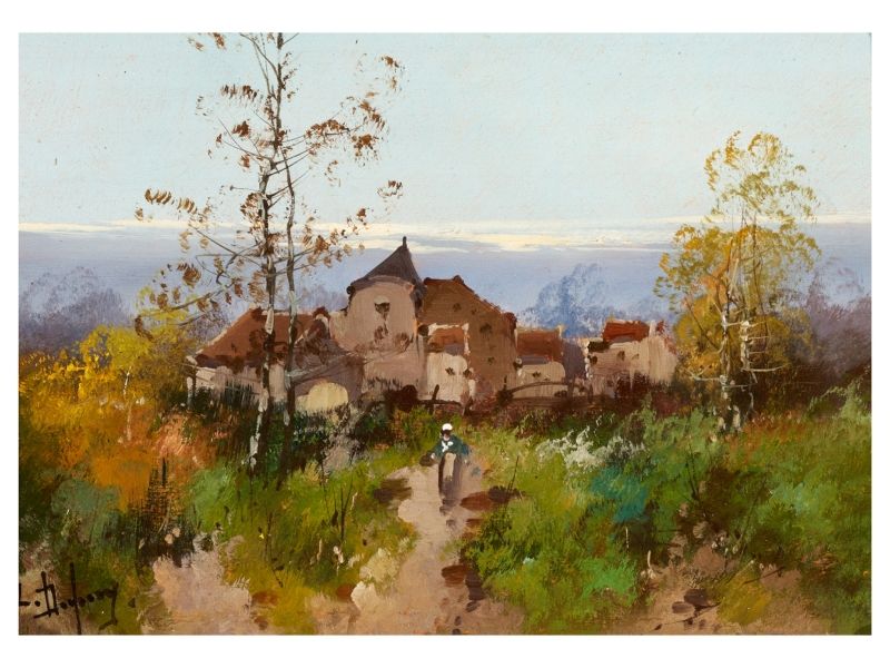 289. tétel, Galien-Laloue, Eugéne  1854 - 1941  Francia táj  Olaj, fa  16 × 22 cm  Jelezve balra lent:  L. Dupuy
