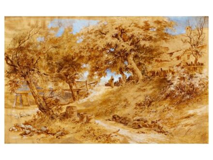 286. tétel, Székely Árpád  1861 - 1914  Szadai táj (1897)  Olaj, karton  37 × 60 cm  Jelezve jobbra lent:  Székely Á. 97.