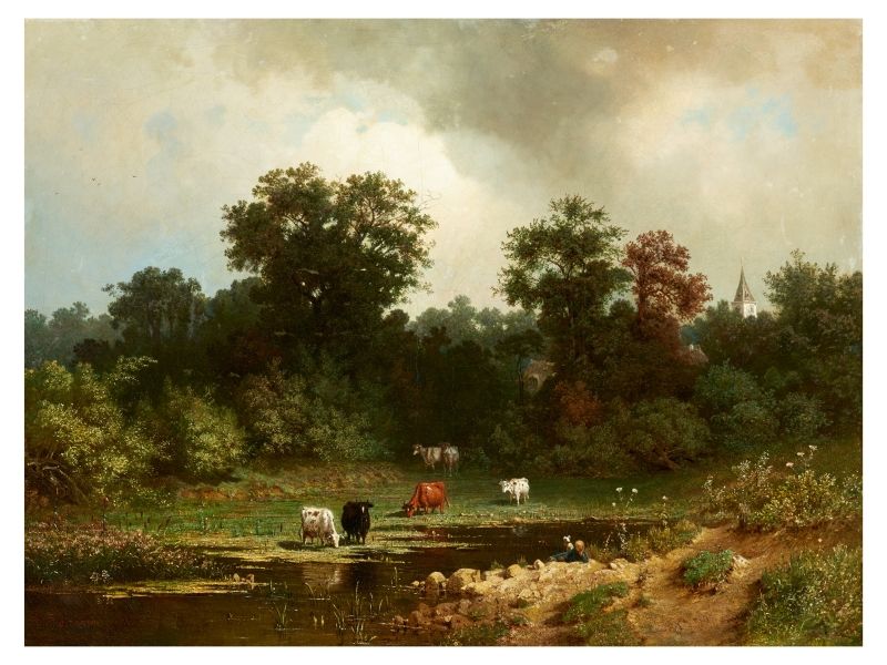 281. tétel, Troyon, Constant  Sévres, 1810 - Párizs, 1865  Tehenek a vízparton  Olaj, vászon  64 × 84 cm  Jelezve balra lent:  C. Troyon    Szerepelt korábban a BÁV 29. Képaukcióján (339. tétel, reprodukált)    VÉDETT