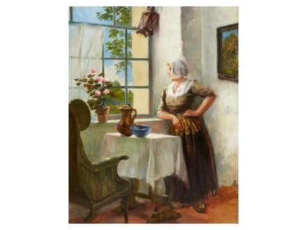 280. tétel, Tolnay Ákos  1861 - ?  Ablakban  Olaj, vászon  53 × 42 cm  Jelezve balra lent:  Tolnay Ákos
