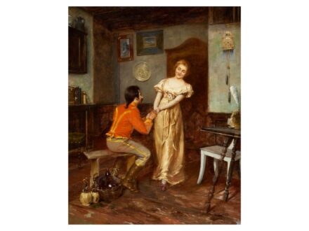 278. tétel, Tolnay Ákos  1861 - ?  Udvarlás  Olaj, vászon  62 × 49 cm  Jelezve jobbra lent:  Tolnay Ákos