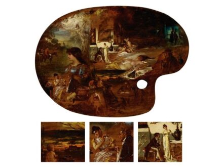 276. tétel, Ismeretlen észak-itáliai v. osztrák festő  XIX. sz. vége  Festőpaletta jelenetekkel  Olaj, fa  76 × 56 cm