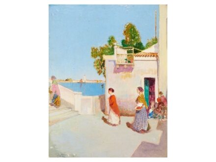 275. tétel, Herrer Cézár  Luanco, 1868 - Budapest, 1919  Mediterrán jelenet (1907)  Olaj, fa  35 × 26 cm  Jelezve jobbra lent:  Herrer C. 1907.