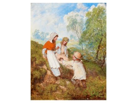274. tétel, Ismeretlen osztrák festő  XIX. sz.  Játszó gyermekek  Olaj, fa  25 × 20 cm  Jelezve jobbra lent:  Olvashatatlan