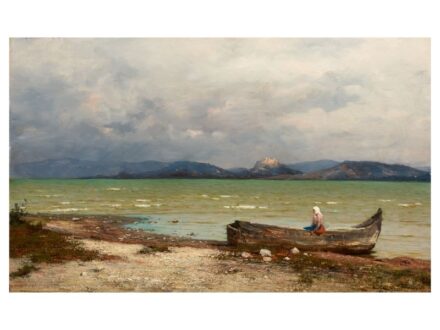 272. tétel, Valentiny János  Nagylak, 1842 - Nádasdladány, 1902  A Balatonnál (1880-as évek)  Olaj, fa  32 × 52 cm  Jelezve balra fent:   Valentiny János    Kiállítva:  * Valentiny János hátrahagyott műveinek kiállítása, Gróf Szapáry-palota, Budapest, Vác