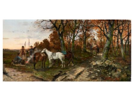 269. tétel, Kubányi Lajos  1855 - 1912,   Felkelők  Olaj, vászon  64 × 133 cm  Jelezve jobbra lent:  Kubányi Lajos