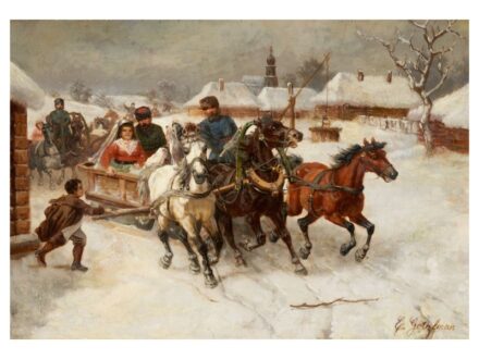267. tétel, Götzelmann, Eduard  1830 - 1903  Szánon  Olaj, fa  30 × 47 cm  Jelezve jobbra lent:  E. Götzelman