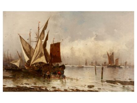 265. tétel, Kaufmann, Adolf  Troppau, 1848 - Bécs, 1916  Vitorlások a kikötőben  Olaj, vászon  68 × 105 cm  Jelezve balra lent:  A. Kaufmann Paris