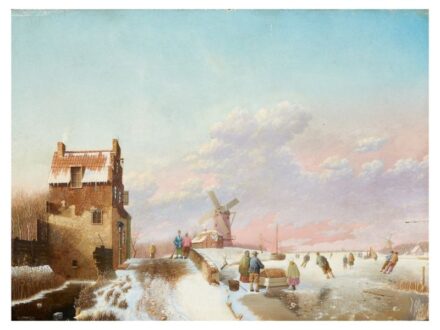 264. tétel, Ismeretlen holland festő  XIX. sz. vége  Téli táj korcsolyázókkal  Olaj, falemez  27 × 36,5 cm  Jelezve balra lent:  GLS