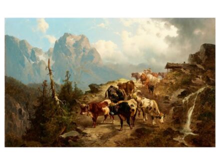 261. tétel, Götzelmann, Eduard  1830 - 1903  Almabtrieb - Hazatérés az alpesi legelőkről  Olaj, vászon   68 × 105 cm   Jelezve jobbra lent:  E. Götzelmann     Szerepelt korábban a BÁV 51. Képaukcióján (72. tétel, reprodukált)
