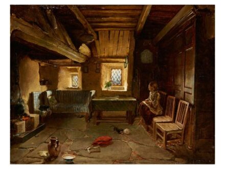 260. tétel, Faed, Thomas  1826 - 1900  Kislány a konyhában  Olaj, vászon  35 × 45 cm  Jelezve balra lent:  Th. Faed