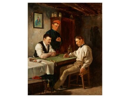 258. tétel, Prenoszil Sándor  Gödöllő, 1857 - ?  Malomjáték (1889)  Olaj, vászon  80 × 60 cm   Jelezve jobbra lent:  Prenoszil S. 1889