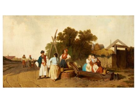 257. tétel, Iványi József  1850 - 1913  Kútnál  Olaj, vászon  52 × 95 cm  Jelezve jobbra lent:  Iványi