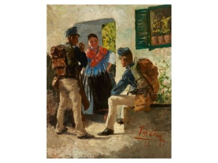 256. tétel, Tull Ödön  Székesfehérvár, 1870 – Budapest, 1911  Búcsúzú katonák (1898)  Olaj, vászon  56 × 69 cm  Jelezve jobbra lent:  Tull Ödön 98.