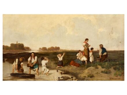 255. tétel, Iványi József  1850 - 1913  Halászat  Olaj, vászon  52 × 95 cm  Jelezve jobbra lent:  Iványi J.