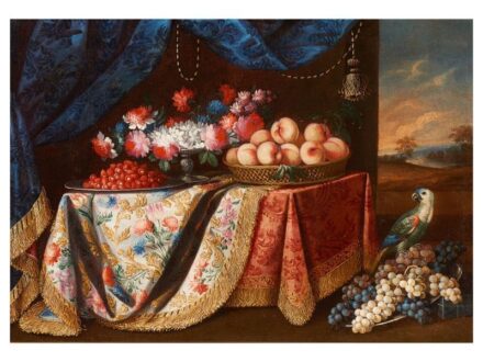 254. tétel, Gianlisi, Antonio  Rizzolo di San Giorgio, 1677 - Cremona, 1727   Virág- és gyümölcscsendélet papagájjal  Olaj, vászon  98 × 136 cm    VÉDETT