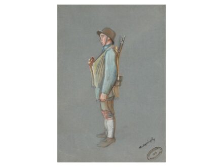 249. tétel, Mednyánszky László  Beczkó, 1852 - Bécs, 1919  Katona  Tempera, papír  430 × 290 mm  Jelezve jobbra lent:  Mednyánszky  hagyatéki pecsét 1919