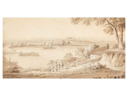 246. tétel, Brodszky Sándor  Tóalmás, 1819 - Budapest, 1901  Átkelés Pozsonyba (1844)  Akvarell, szépia, fedőfehér, papír  225 × 445 mm  Jelezve jobbra lent:  Brodszky S. 1844