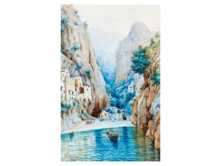 245. tétel, Ismeretlen olasz festő  XX. sz. eleje  Maiori látképe  Akvarell, papír  450 × 290 mm  Jelezve balra lent:  Glapone ? / Maiori