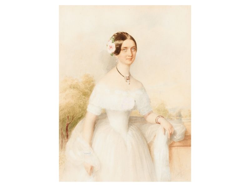 244. tétel, Barabás Miklós   Márkusfalva, 1810 - Budapest, 1898  Fiatal hölgy fehér ruhában (1846)   Akvarell, papír    260 × 200 mm    Jelezve jobbra lent:  Barabás M. 846