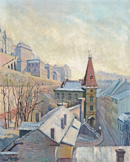 342. tétel, Ehrenfeld, S. jelzéssel: Prágai háztetők, 1932