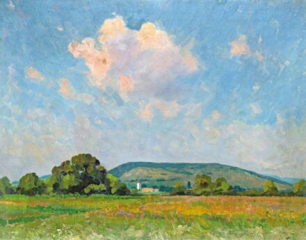 258. tétel, Magyar festő, 20. sz. eleje: Templom a völgyben