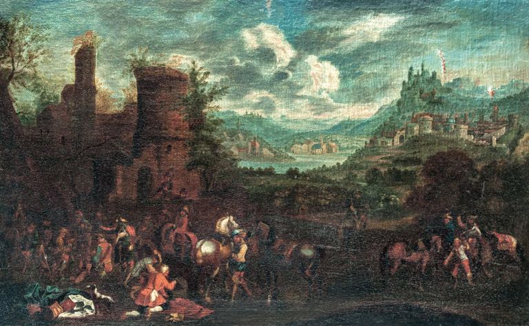 102. tétel, Flamand festő, 17. sz. vége: Pihenő katonák