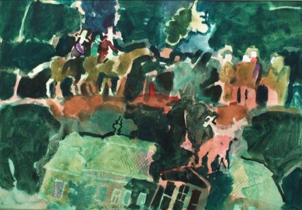 124. tétel, Szily Géza - GYÜLEKEZŐ VADÁSZOK TENGELICEN (1980)