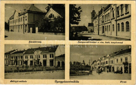 1943 Gyergyószentmiklós, Gheorgheni; Járásbíróság, Leáynevelő intézet a római katolikus templommal, Szilágyi szálloda, Fő tér, gyógyszertár, üzletek, automobil. Ambrus foto / court, girls' boarding school, Catholic church, hotel,