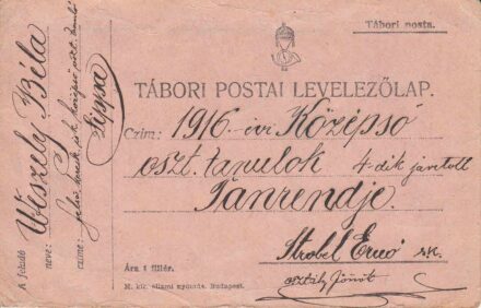 58-1549 1918 Tábori postai levelezőlapra írt órarend