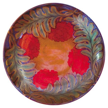 Zsolnay Falitál, bazsarózsás, páfrányleveles díszítéssel, Zsolnay, 1901  Dekorterv: Nikelszky Géza
Porcelánfajansz, opak és transzparens, színes és fémes eozinmázakkal festett, savmaratott.