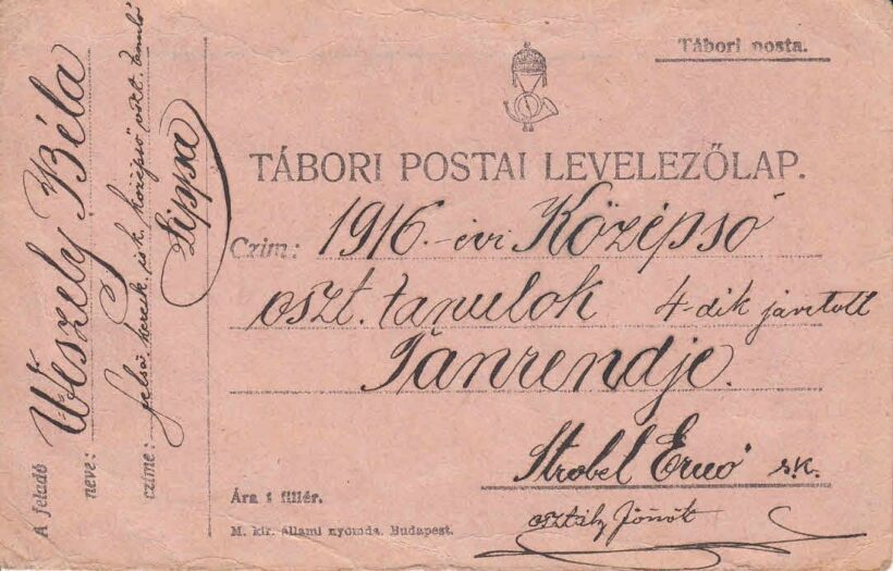 46-1549 1918 Tábori postai levelezőlapra írt órarend