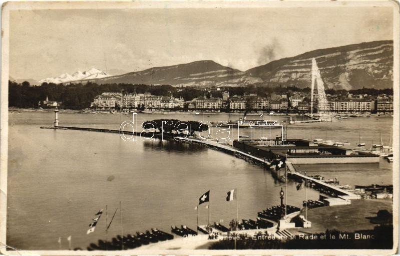 Geneva, Geneve; entrance to the harbor and Mt. Blanc (EK)