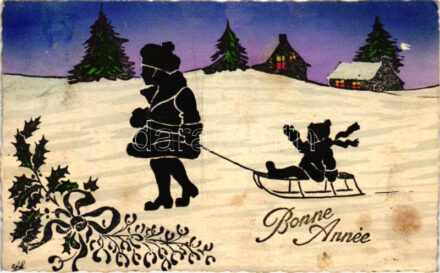 New Year, sledging children silhouette (EK)