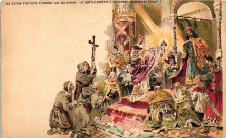 Szt. Astrik átnyújtja a koronát Szt. Istvánnak , Ga. litho s: Kimnach László (EK)