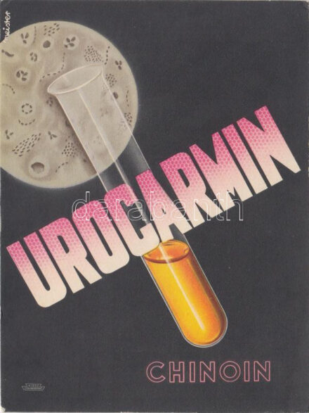 Urocarmin-Chinoin tabletta reklám, 'A hugyutak különféle fertőzéseinél jó eredménnyel és ártalom nélkül alkalmazható' / medicine advertisement (17.5 x 13 cm) (EK)