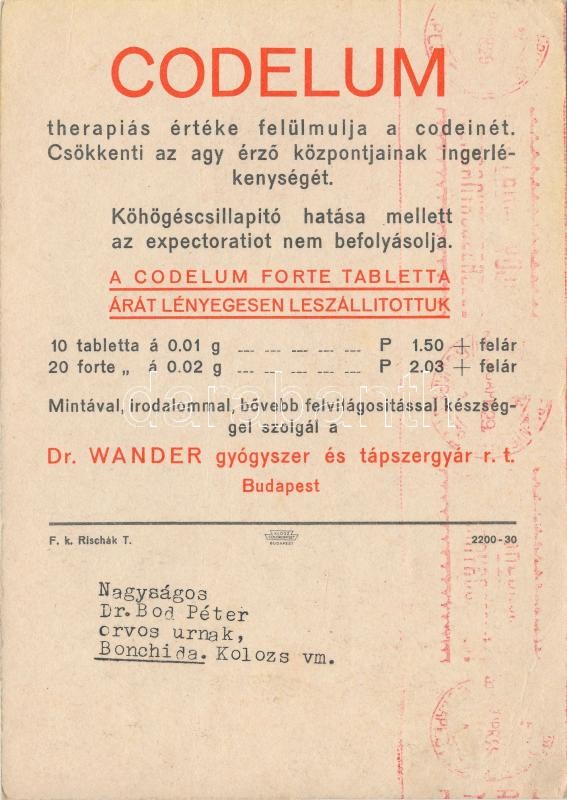 Codelum, köhögés csillapító tabletta reklám, / medicine advertisement (17 x 12 cm) (EK) - Image 2