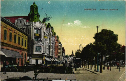 Debrecen, Ferenc József út, Tóth Gyula vas-, fém- és szerszámüzlete, Kontsek Kornél üzlete, villamos (fa)