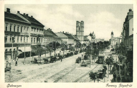 Debrecen, Ferencz József út, Központi szálloda, Neumann M. üzlete, női kalap üzlet, villamos, lovas szekerek
