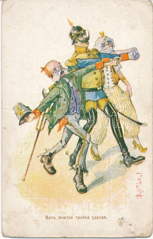 Russian WWI / Anti-German propaganda, Kaiser Wilhelm II, Franz Joseph, Mehmed, artist signed (fa)