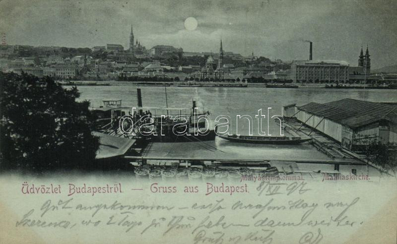 1897 Budapest, Duna, gőzhajó, Mátyás templom (ragasztónyom / gluemark)