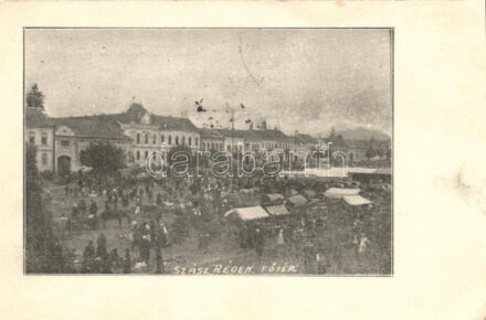 Szászrégen, Fő tér, piac / main square, market 'vissza' So. Stpl (EK)