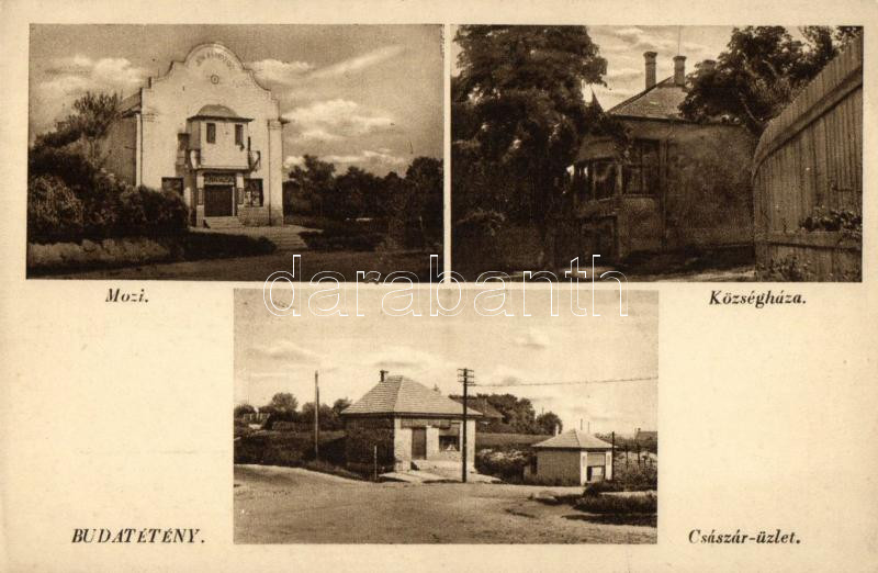 Budapest XXII. Budatétény, Mozi, Községháza, Császár-üzlet; Császár István kiadása (ázott / wet damage)