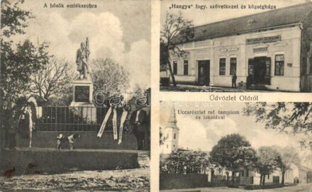 Old, Hősök emlékszobra, Hangya szövetkezet, községháza, utca, Református templom és iskola (EK)