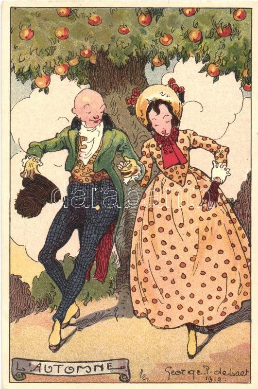 L'Automne / Couple, humorous art postcard, litho s: George P. de Laet