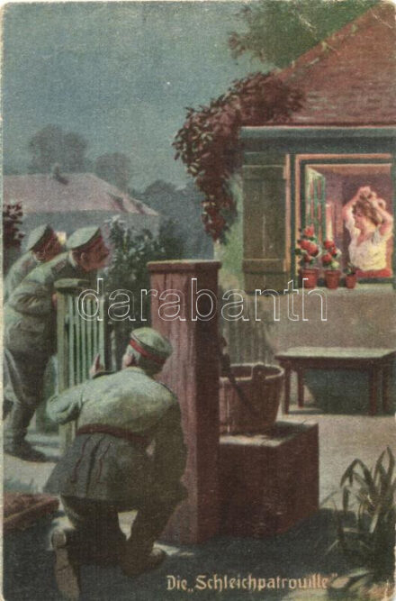Die Scleichpatrouille / WWI German military humour, Künstler Postkartenreihe 'Immer Fachmann' Karte Nr. 3. (EB)