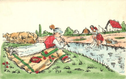 Hungarian rural folklore, girl washing clothes, boy playing flute, sheep